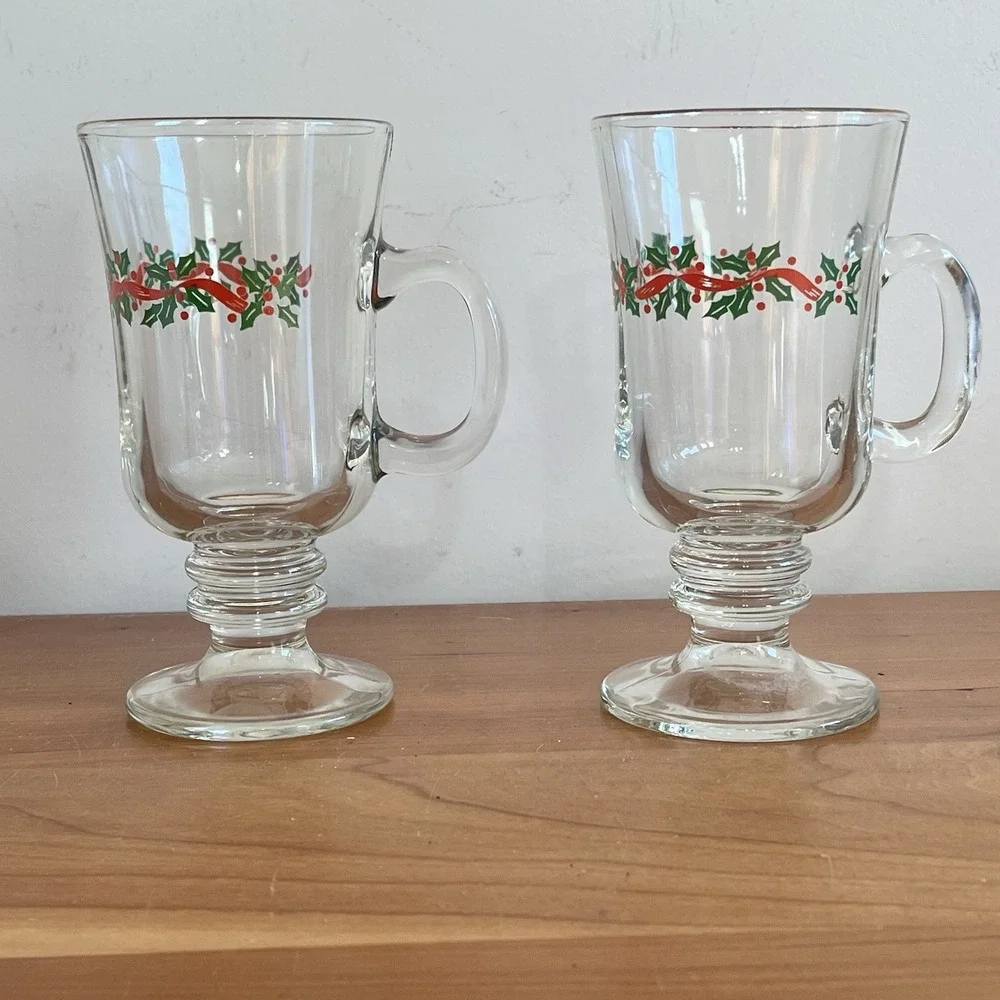 Set Of 2 Vintage Libbey Irish Coffee Mugs Christmas Holly Berry Ribbon Gold Band